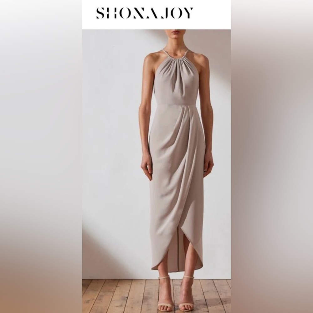 Shona Joy Core High Neck Tulip Ruched Dress in Oyster Size 6 - Picture 1 of 14